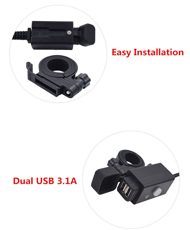 1x Motorcycle Dual USB Charger with Handlebar Bracket Indicator Light and Switch