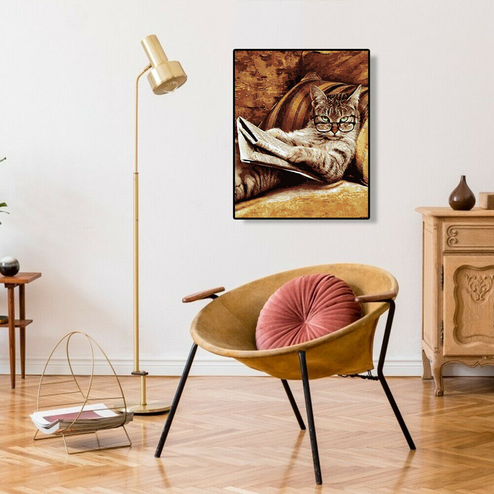 Glasses Cat DIY Oil Painting By Numbers Coloring Drawing Modern Art Picture @