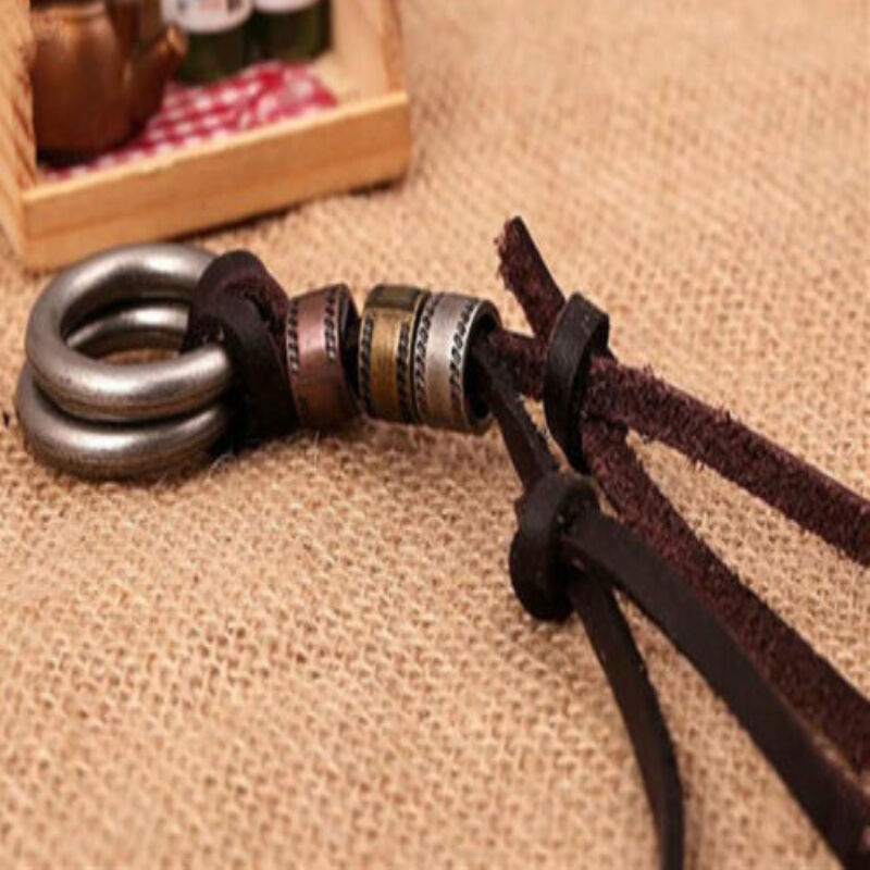 Men Wild Retro Leather LUS  Cord Necklace Double Circle Ring Pendant Jewelry