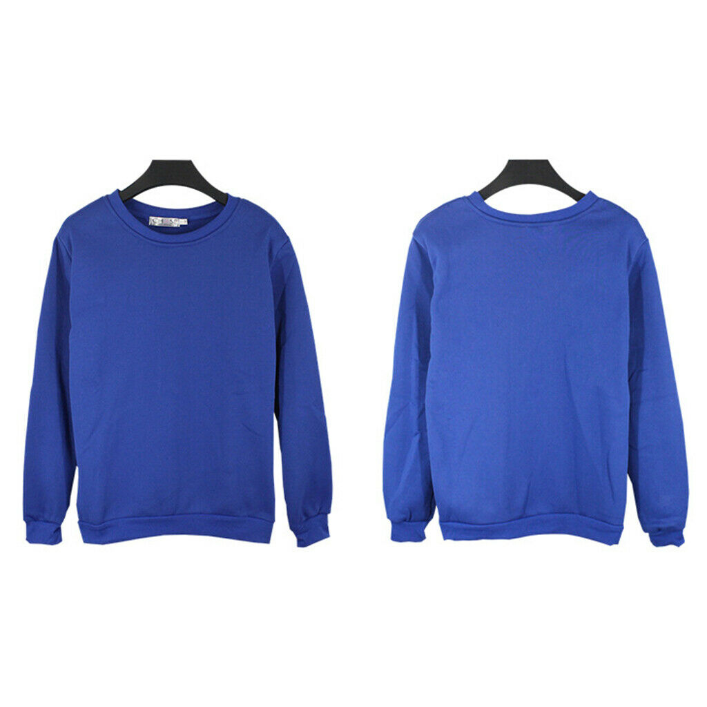 Blue Solid Round Neck Long Sleeve Fleece Sweatshirts Unisex Loose Top 4XL