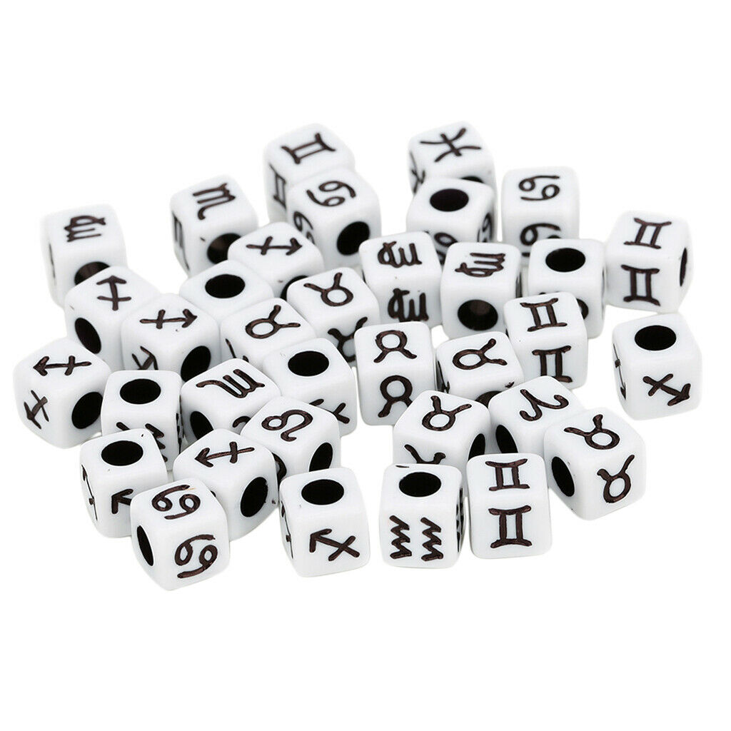 100x Black Acrylic Cube Beads with Zodiac Designs DIY Jewelry Charm
