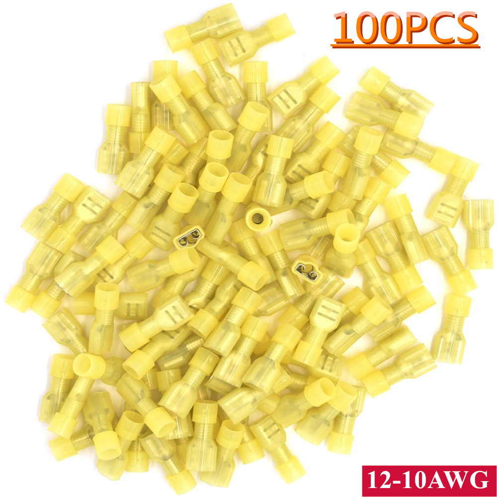 Yellow Fully Insulated Nylon Female Spade Crimp Connector Terminal 12-10AWG 100P