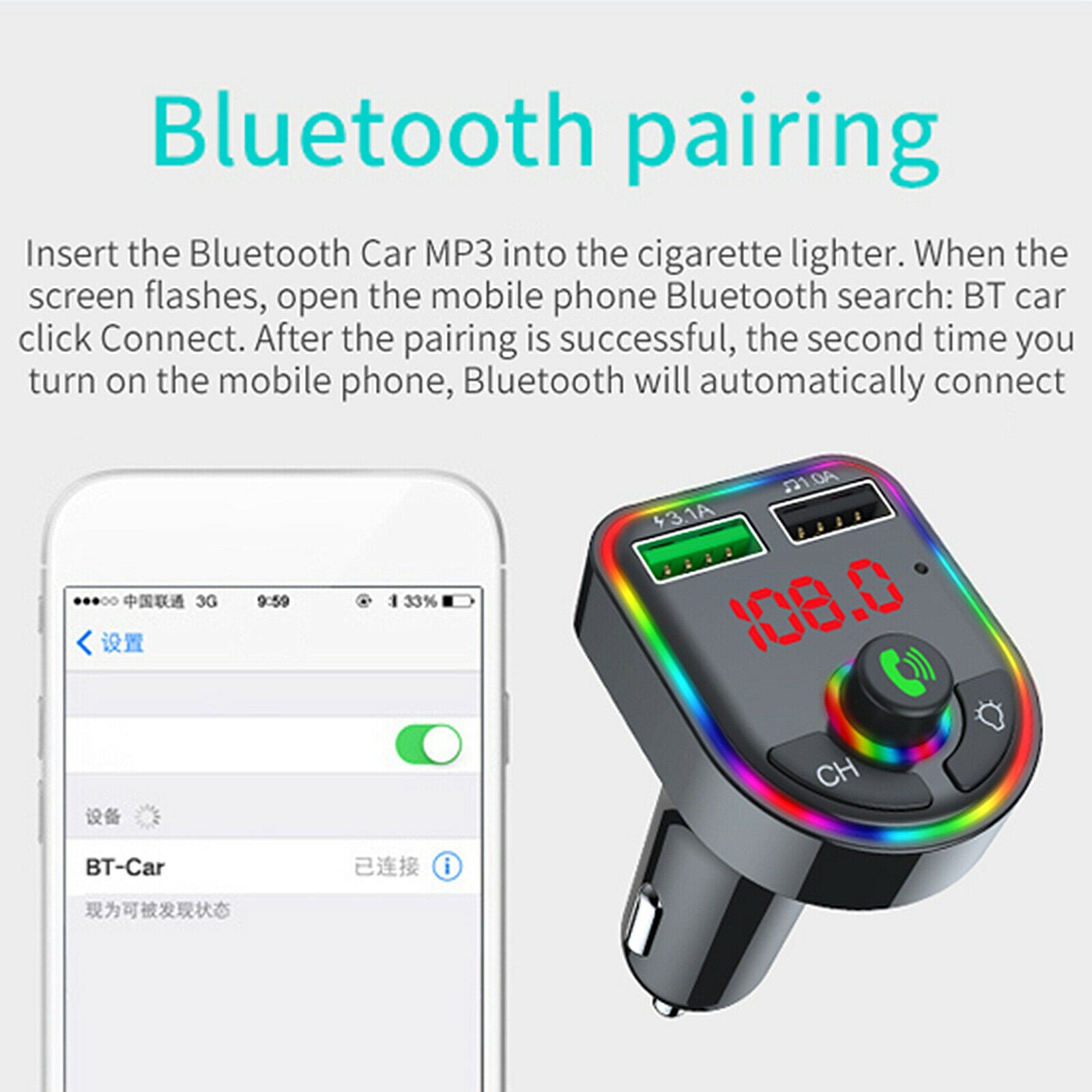Auto Car Wireless Bluetooth V5.0 FM Transmitter Quick Charge 2 USB Ports