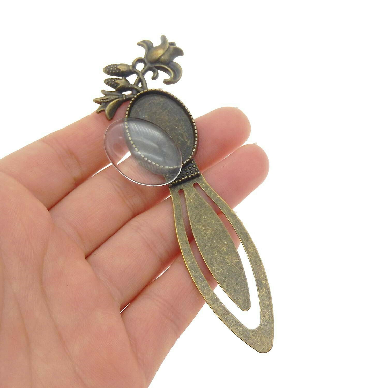 2sets Retro Bronze Alloy Floral Bookmarks Oval Blanks w/ Glass Cabochons 25x18mm