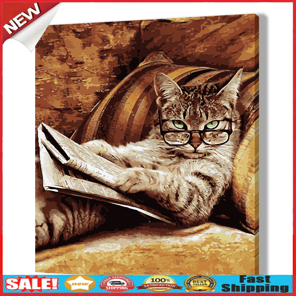 Glasses Cat DIY Oil Painting By Numbers Coloring Drawing Modern Art Picture @