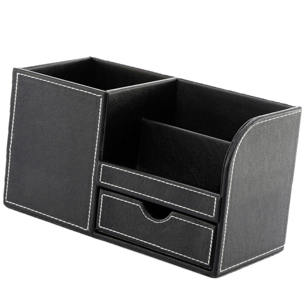 Office Storage Box Leather Stationery Organizer Pens Holder Box Black