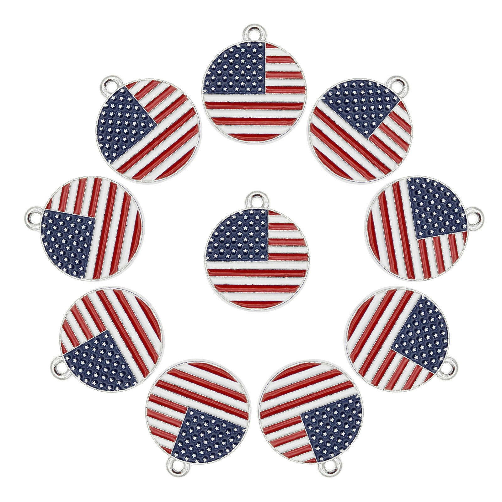8 pcs US Flag Charm Enamel Round Tag Pendant Keychain Making Alloy Crafts 23mm