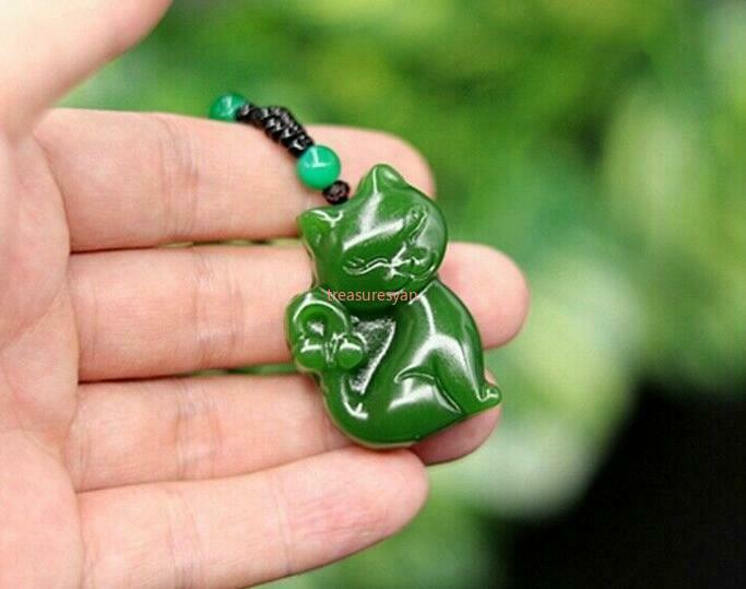 Green Jade Cat Pendant Necklace Gifts Carved Jewelry Jadeite Natural Amulet