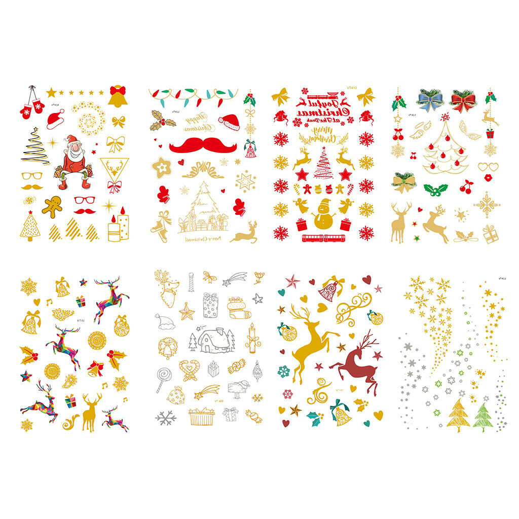 Set of 8 Colorful Adults Christmas Tattoo Transfer Stickers Xmas Elk Decals