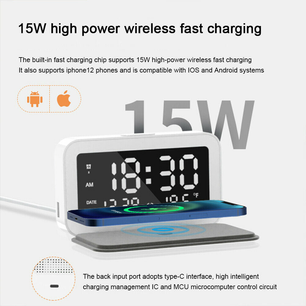 Digital LED Electric Alarm Clock With Phone Wireless Charger Thermometer Table