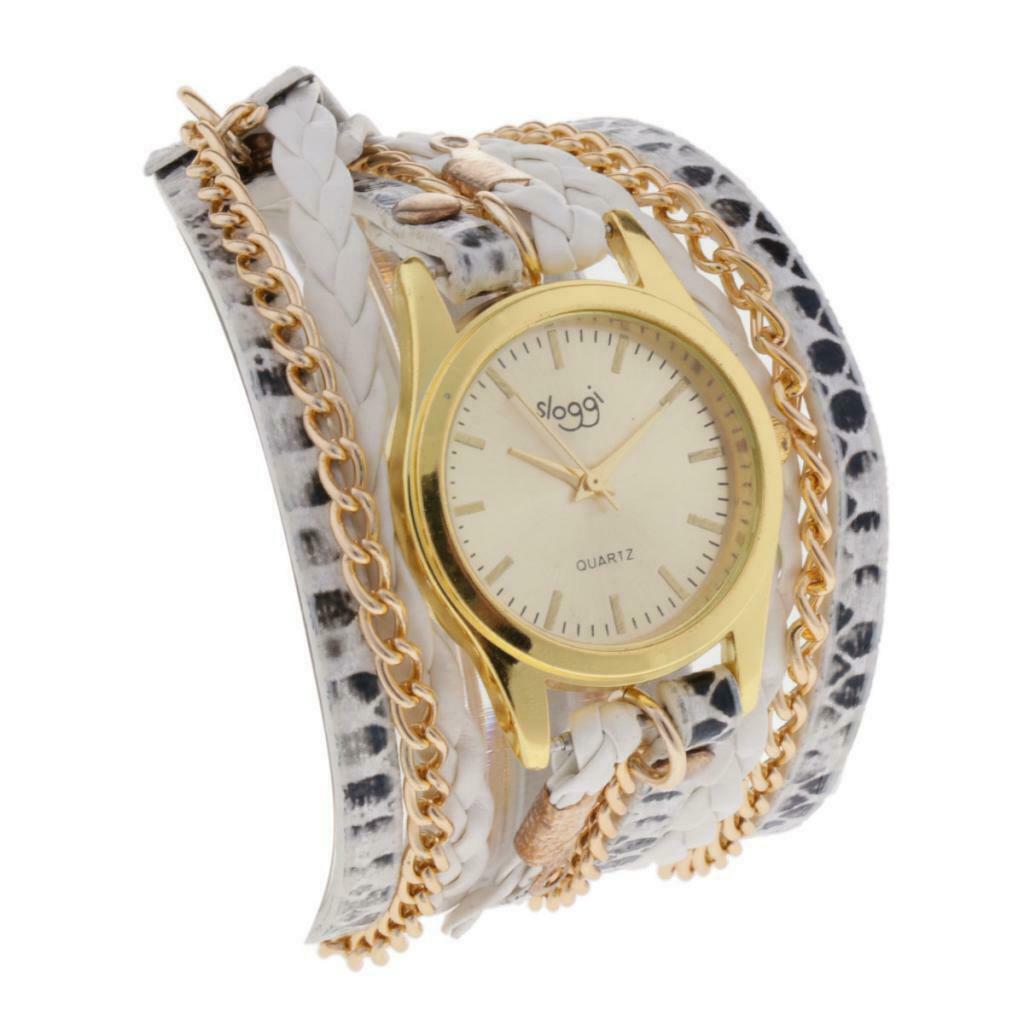 Womens Multilayer Wristwatch Weave Wrap Leather Bracelet Wrist Watch White
