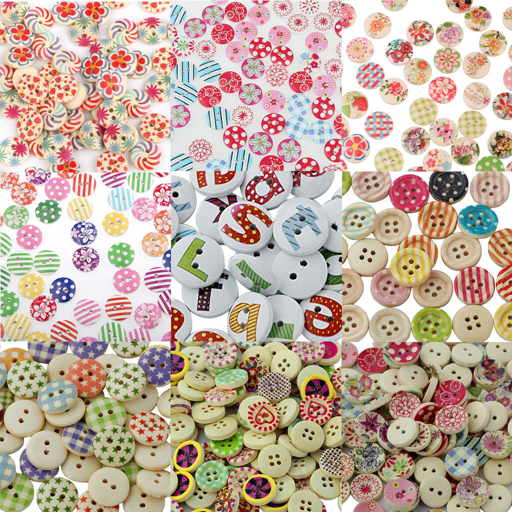 100pcs Mixed Round 2 Holes Wooden Buttons for Sewing Scrapbooking DIY 15mm
