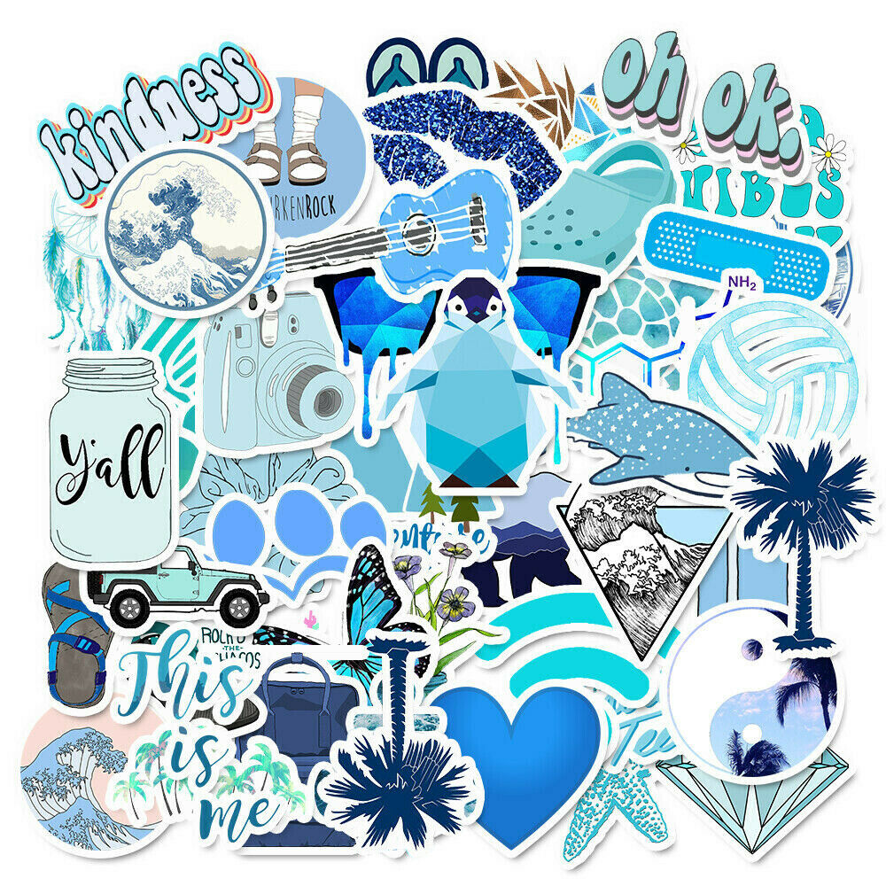 50PCS Blue Skateboard Stickers Set Waterproof Vinyl Laptop Travel Luggage Decals