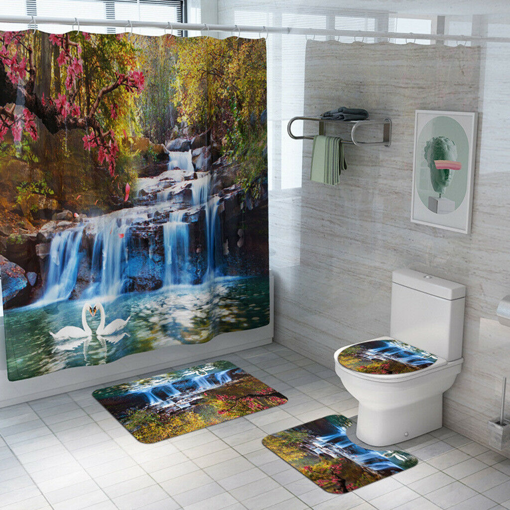 Landscape Pattern Toilet Lid Cover Bathroom Rug Set Home Decor Autumn Senery