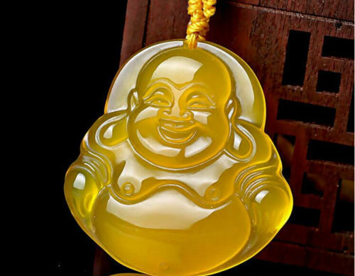 Beautiful Natural Hand-carved Yellow Agate Maitreya Buddha Chalcedony Pendant