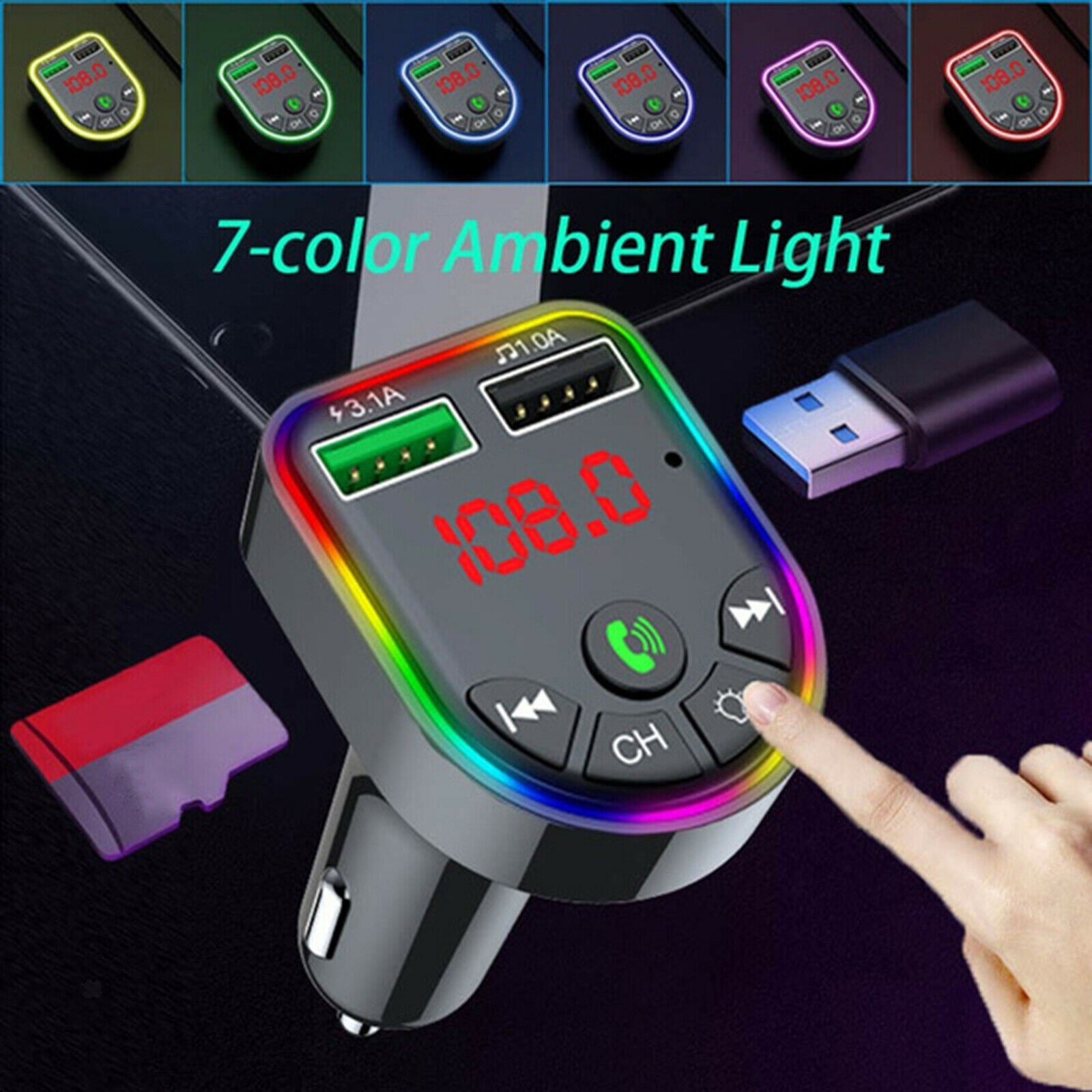 Car Charger Bluetooth FM Transmitter Quick Charge Support TF Card USB Drive