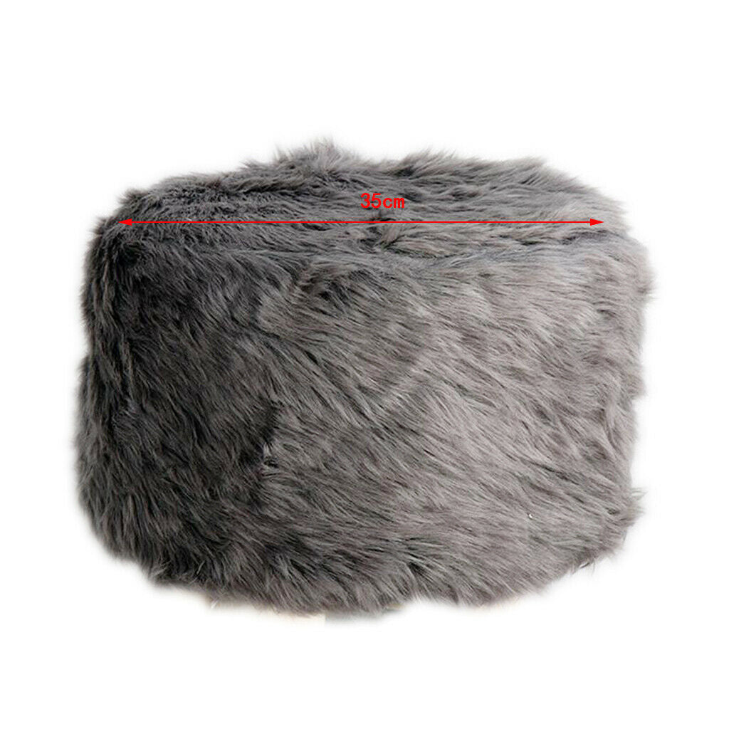 Soft Furry Round Footrest Stool Slip- Cover for Living Room 35cm Dia. Grey