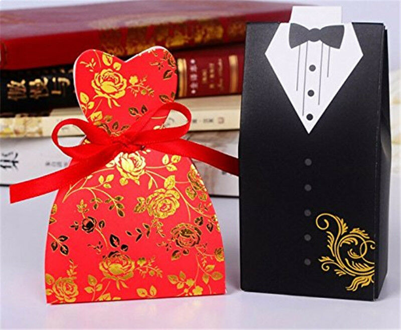 100pcs Wedding Favor Party Red Dress Tuxedo Bride and Candy Gift Box with Ribbon