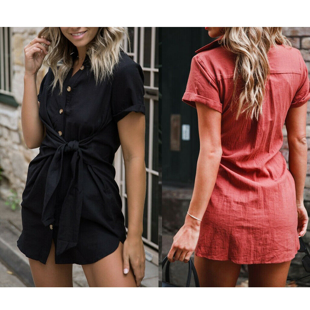 Women Summer Short Sleeve Solid Button Down Shirt Midi Dress Top S Red
