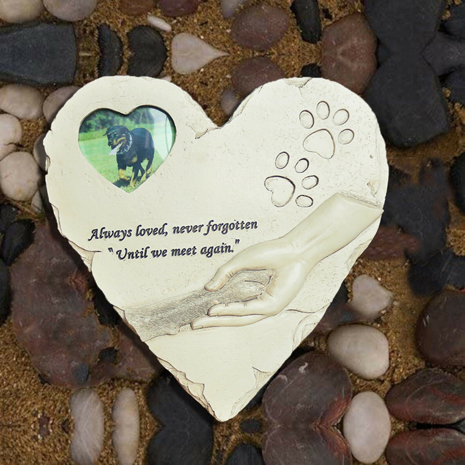 Pet Memorial Stone Paw Print Headstone Photo Frame Garden Puppy Grave Marker