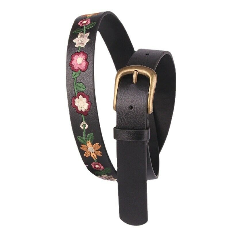 Women Belt Leather Metal Buckle Waistband Retro Embroidered Flower 110cm Long