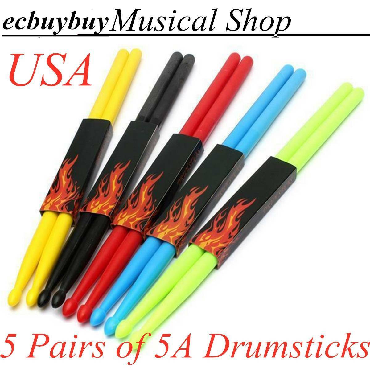 5 Pair of Durable 5A Nylon Drum Stick 405mm/ 15.7'' 5 Color/Set Drum Sticks USA