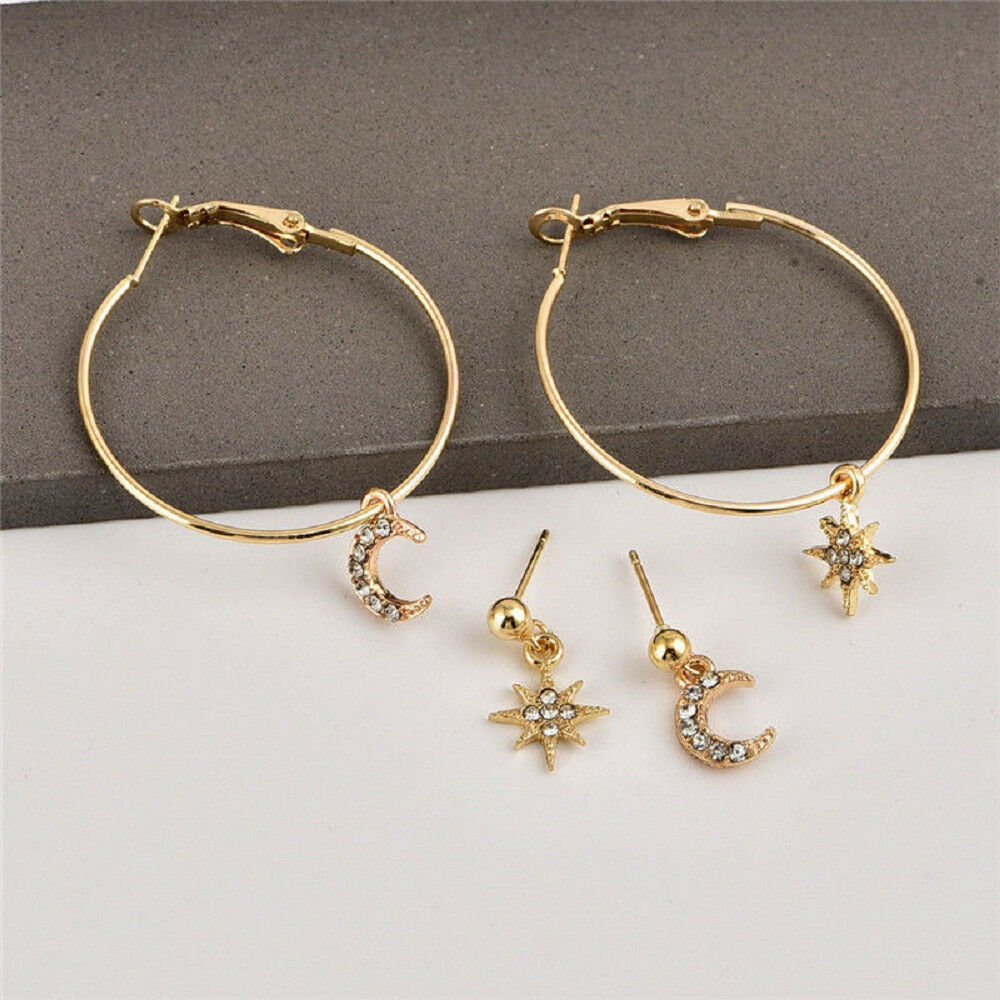 4PC Bohemian Large Circle Earrings Ear Clip Crystal Moon Star Stud Jewelry Kits