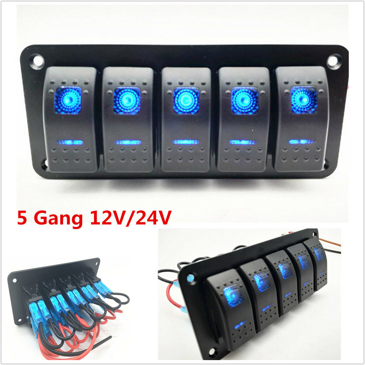 Dual Blue LED 12V 24V 5Gang Car Boat Truck On/Off Rocker Switch Panel Waterproof