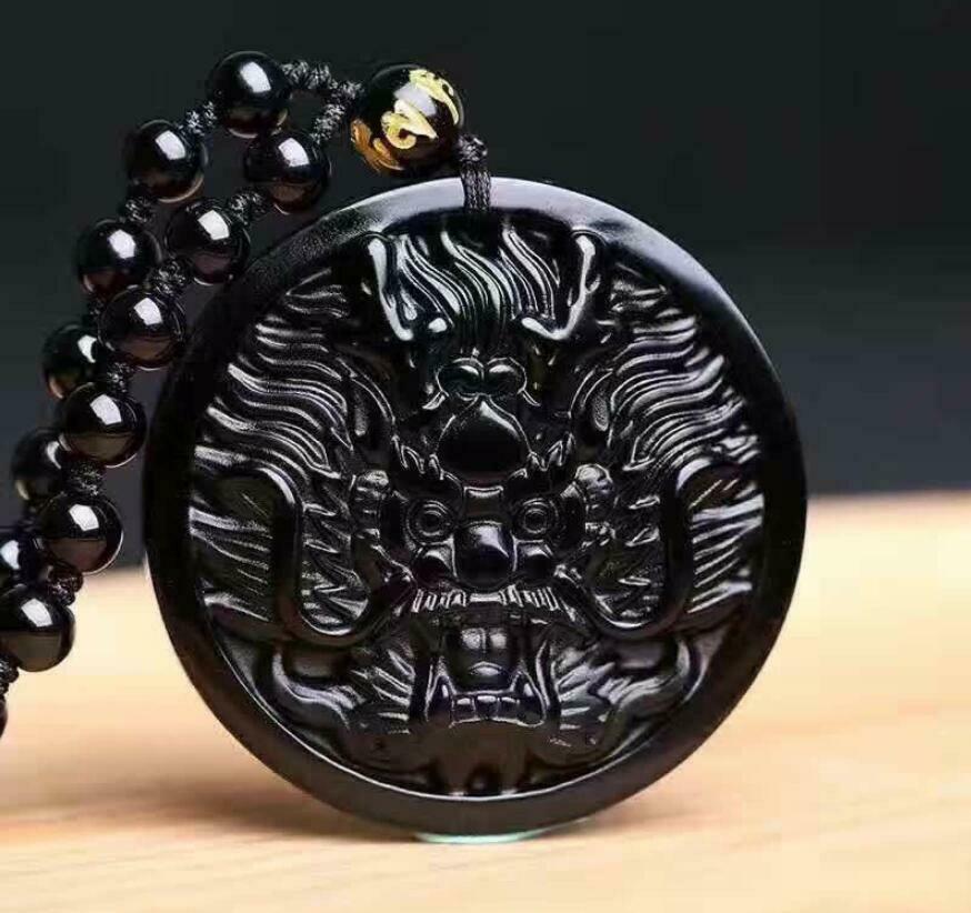 Natural Black Obsidian Hand Carved Lucky Dragon Head Pendants + Beads Necklace