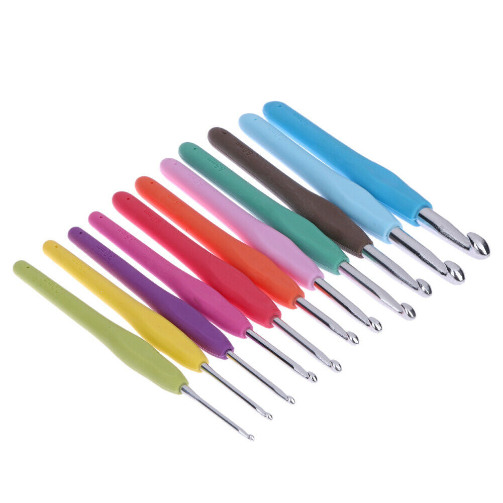 11Pcs Soft Handle Needles Knit Weave Craft Yarn Aluminum Crochet Hooks Set @