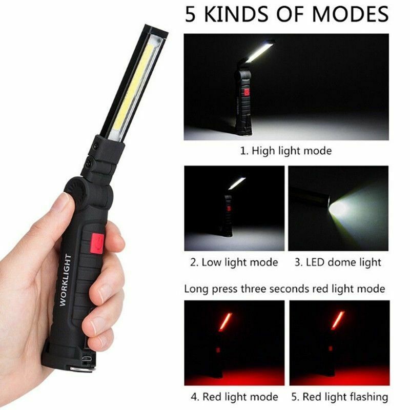 Foldable USB Rechargeable LED COB Work Light Hook Lamp Flashlight Torch 5Mode