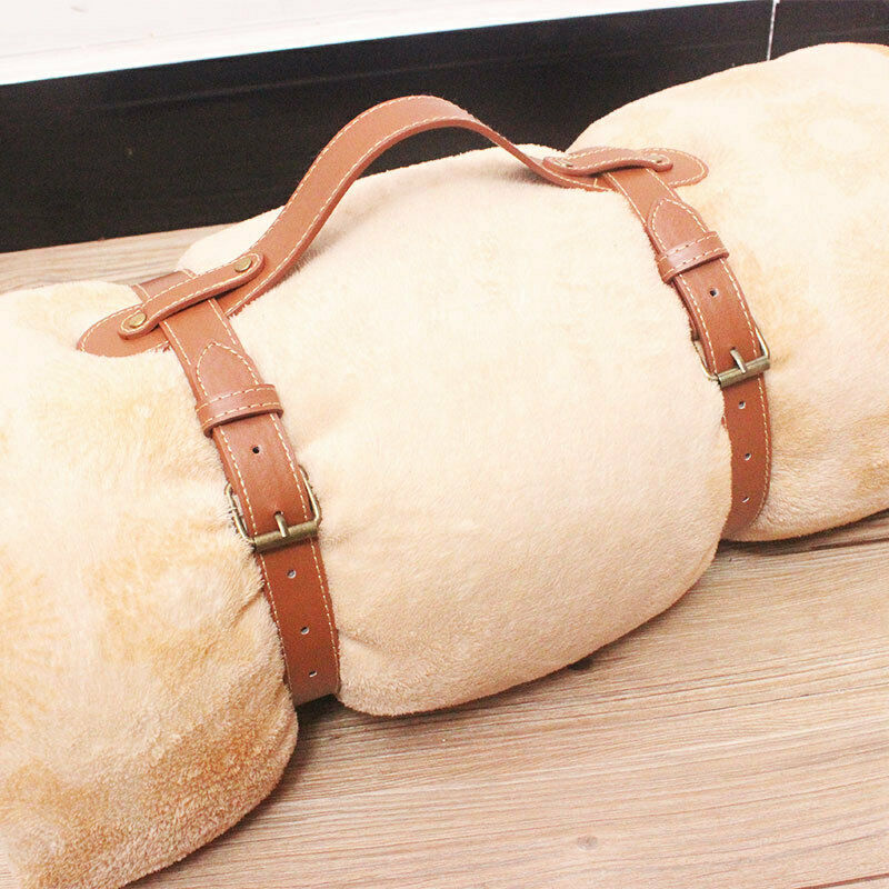 Faux Leather Picnic Blanket Strap Carry Handle Retro Travel Rug Roll Up Rope New
