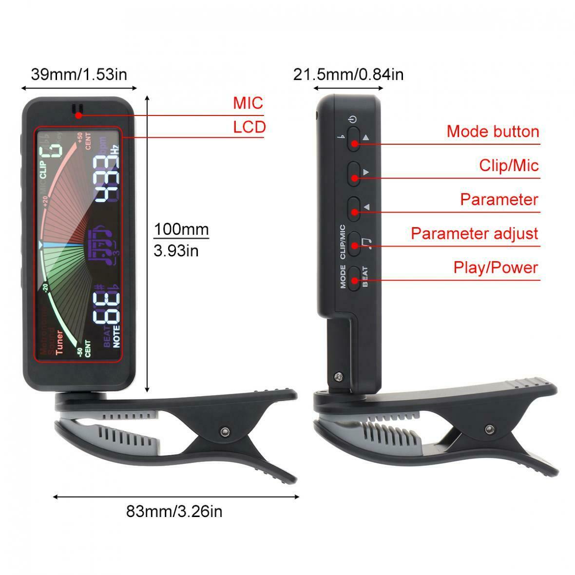 Penala Gitar Skrin Lcd Besar Klip-Pada Tuner Metronome Penjana untuk Gitar