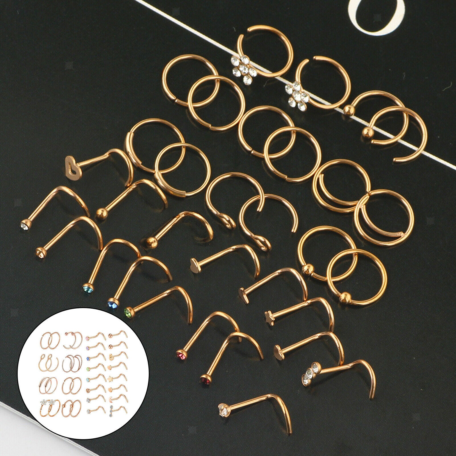 32pcs Stainless Steel Nose Rings Hoop L-Shaped Studs Piercing Jewelry Set for