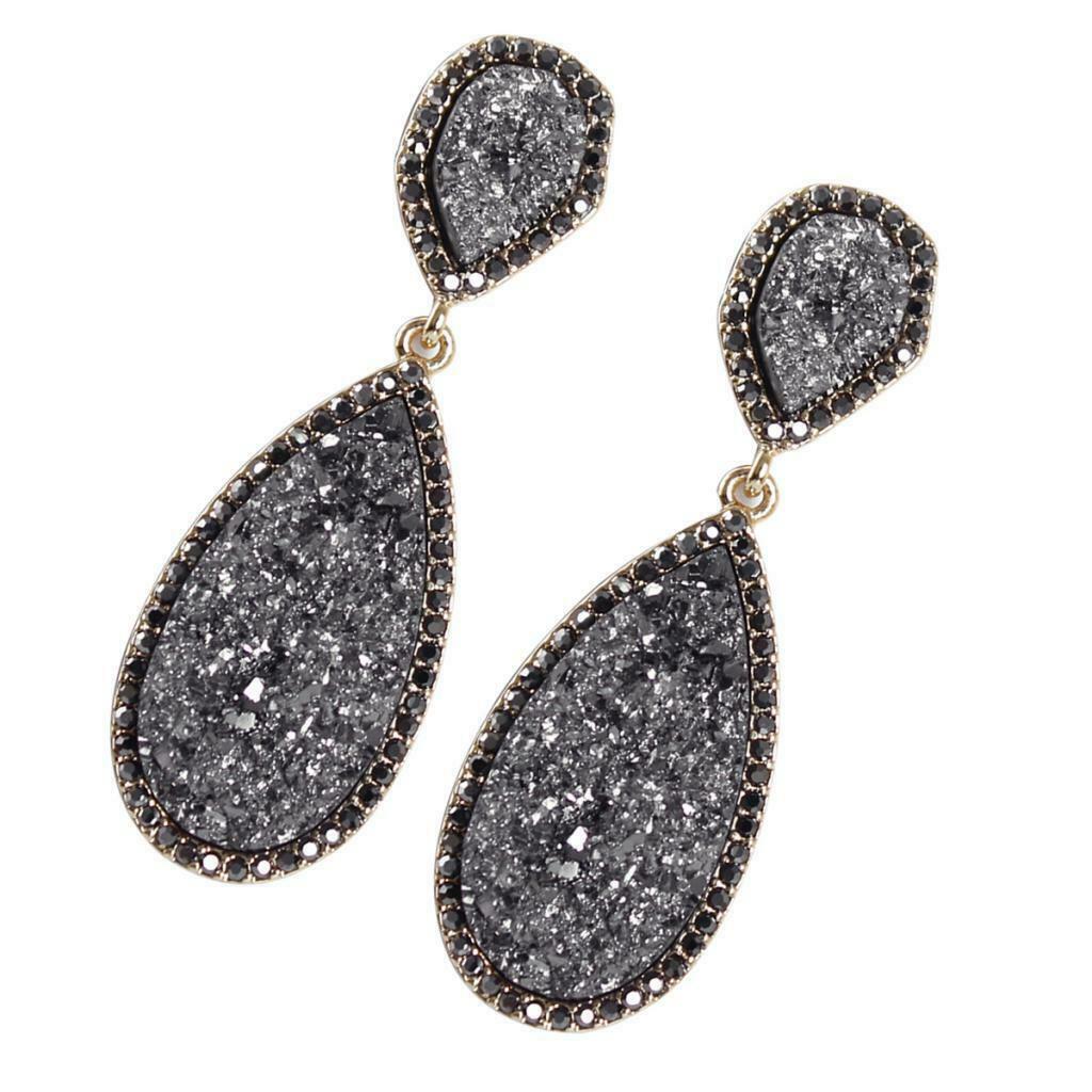 Full Prong Cubic Zirconia Birthstone Teardrop Bridal Dangle Earrings Gray