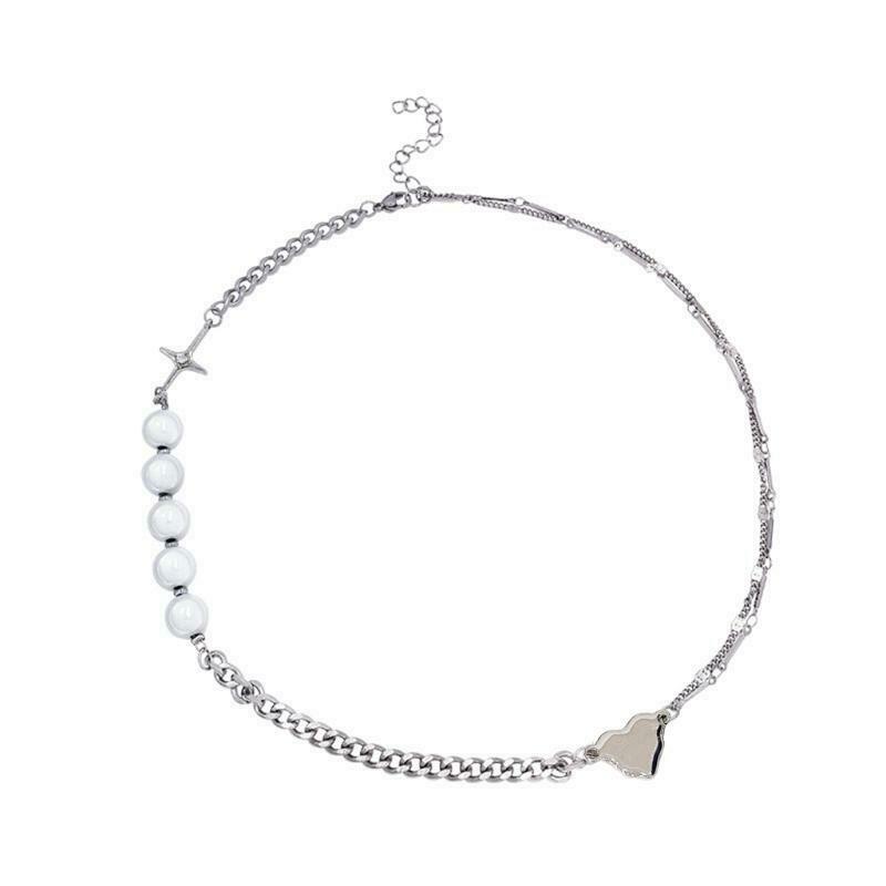 Choker Necklace for Women Big Fluorescent Pearls Alloy Chain with Glitter Cross
