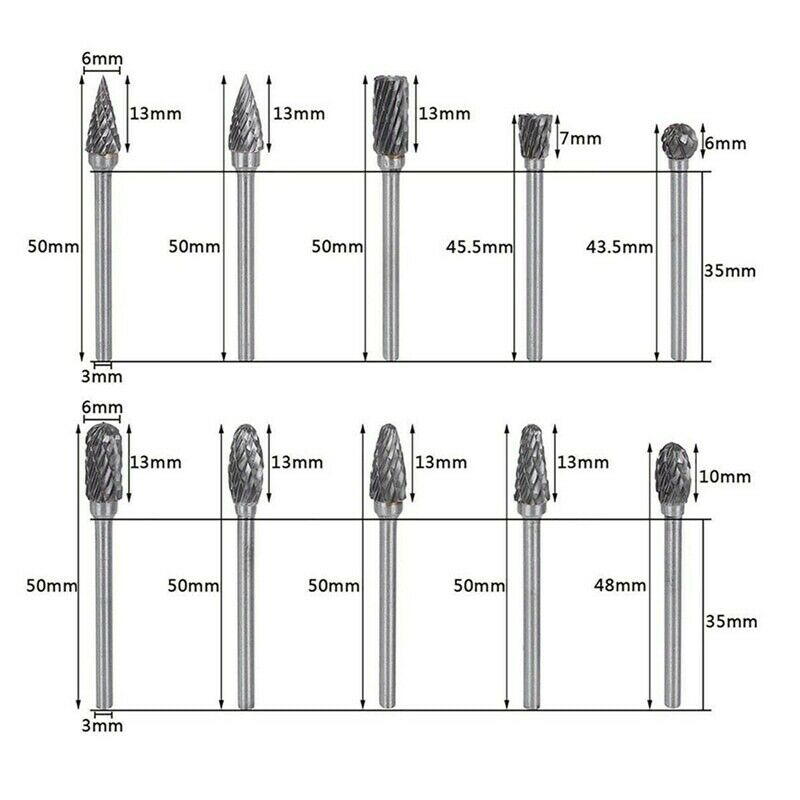10Pcs/Set 1/8'' Shank Tungsten Carbide Metal Rotary Drill Bits Tool Cutter Files