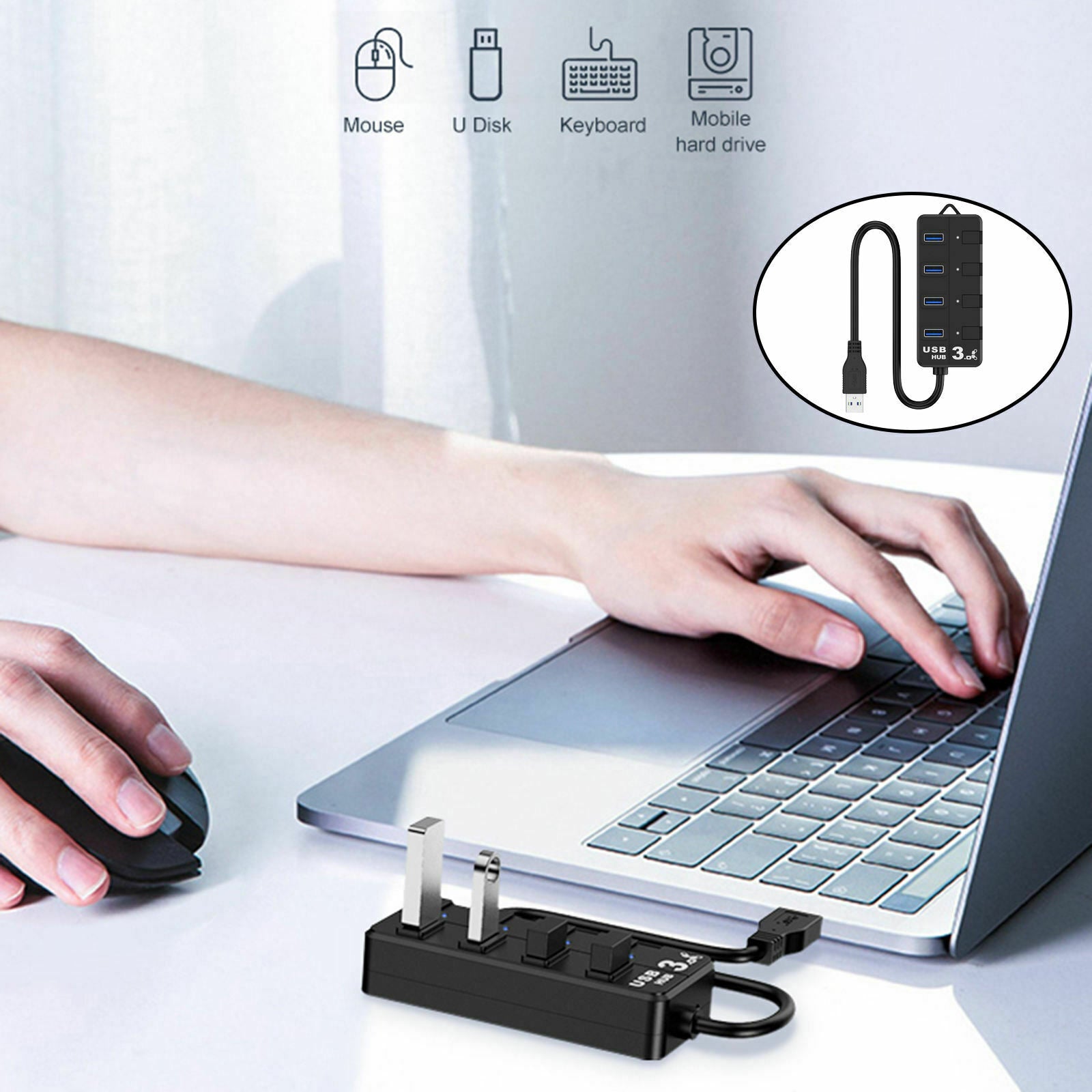 4 Port USB 3.0 Hub Splitter w/ Individual On/Off Switches Fast Data Transfer