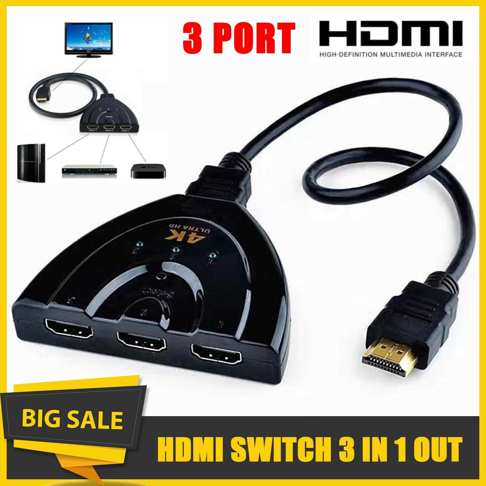 New 3 Port HDMI Splitter Cable 1080P Switcher HUB Adapter for HDTV PS4 Xbox