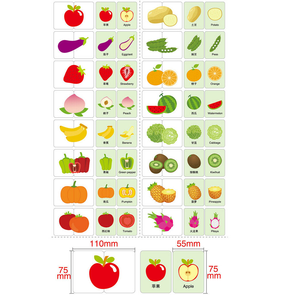 32 Pieces Preschool Educational Flash Cards for Kids Vegetables and Fruits