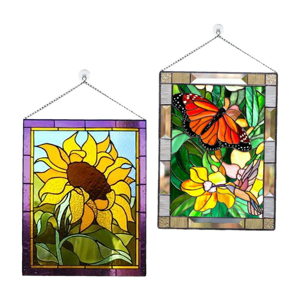 2pcs Stained Glass Rectangle Window Panel Handcrafted Pendant 8x6 Inches