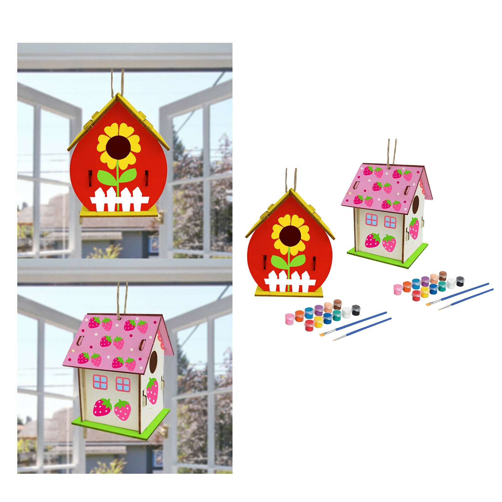 2Pieces DIY Bird House Children Hand Unpainted Build Paint Wooden Birdhouse