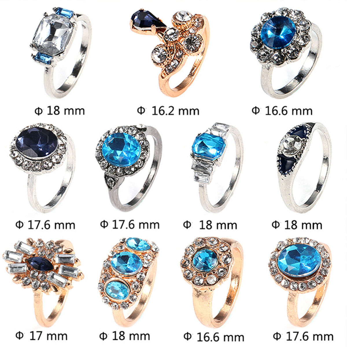 11 Pcs/set Women Blue Sapphire Geometry Round Water Drops Flower Ring Set
