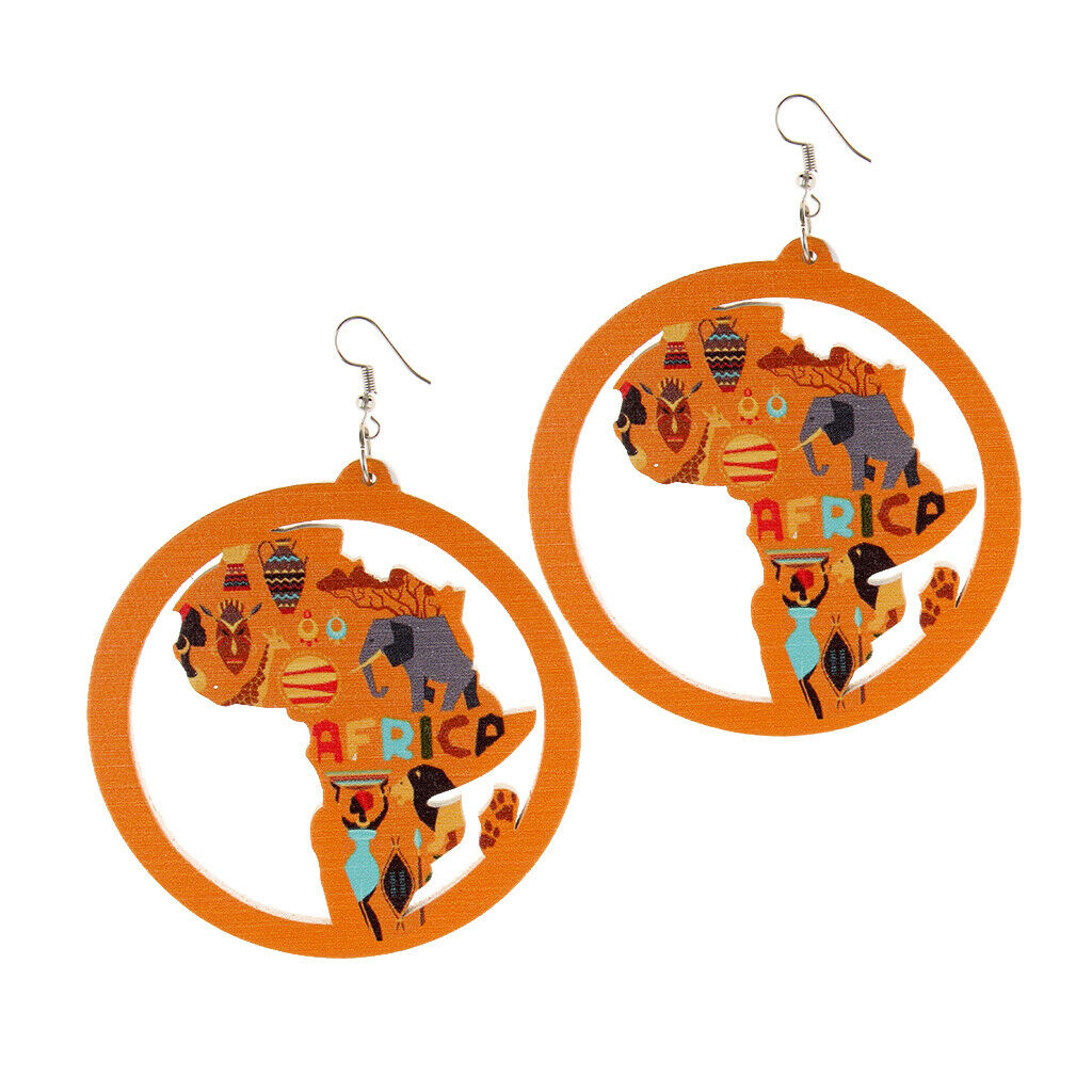 Wooden Dangler African Map Dangle Earrings Exaggerate Round Wood Hollow Hook