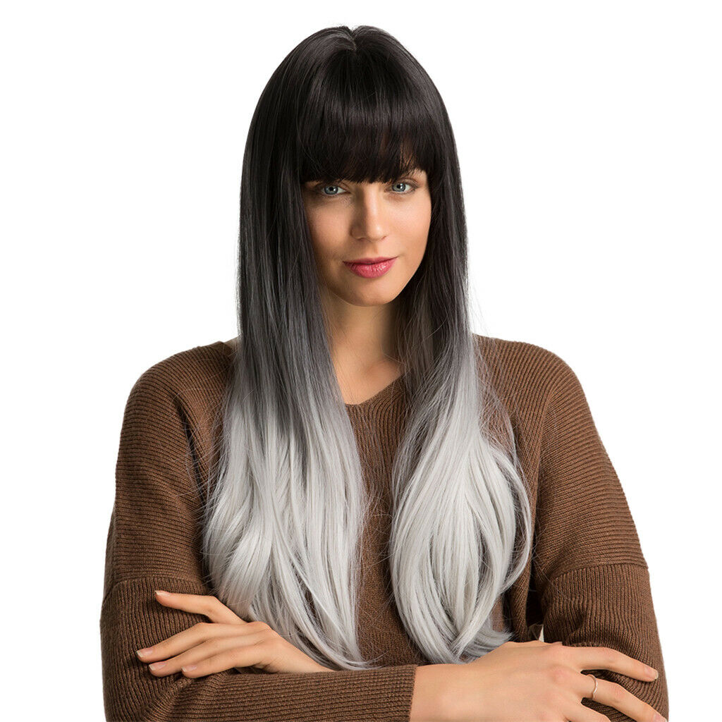 24'' Women Long Straight Wig Heat Resistant Natural Looking Wig w/ Neat Bang