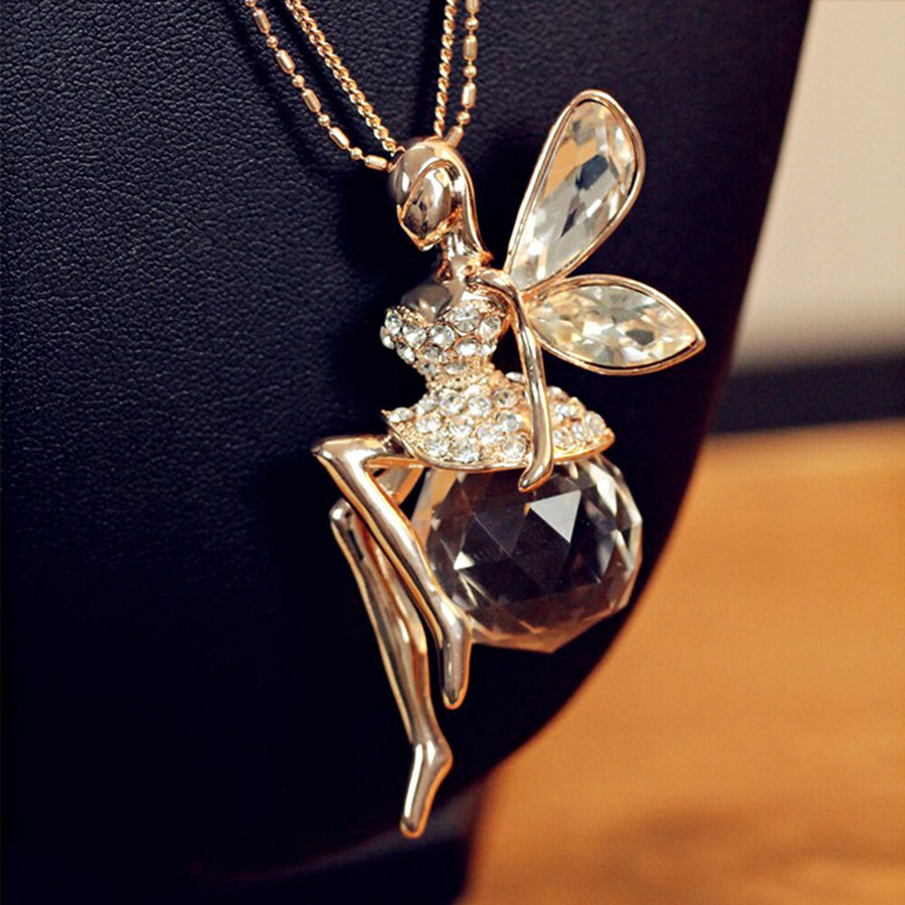 Fashion Women Fairy Angel Wing Crystal Pendant Long Chain Sweater Necklace Gift