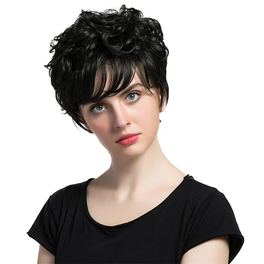 Short Curly Black Wigs Women's Curly Ends Short Fiber Wig With Layered Bangs
