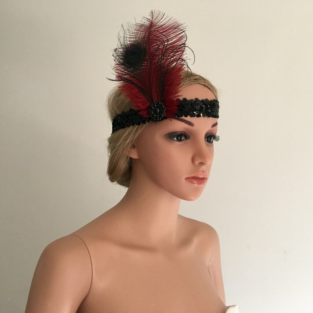 1920s Flapper Red Feather Headband,  Hair Accessories for Wedding Tea Party