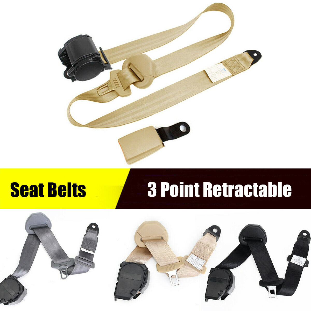 3 Point Universal Safety Seat Belt Beige nylon Strap Retractable & Adjustable