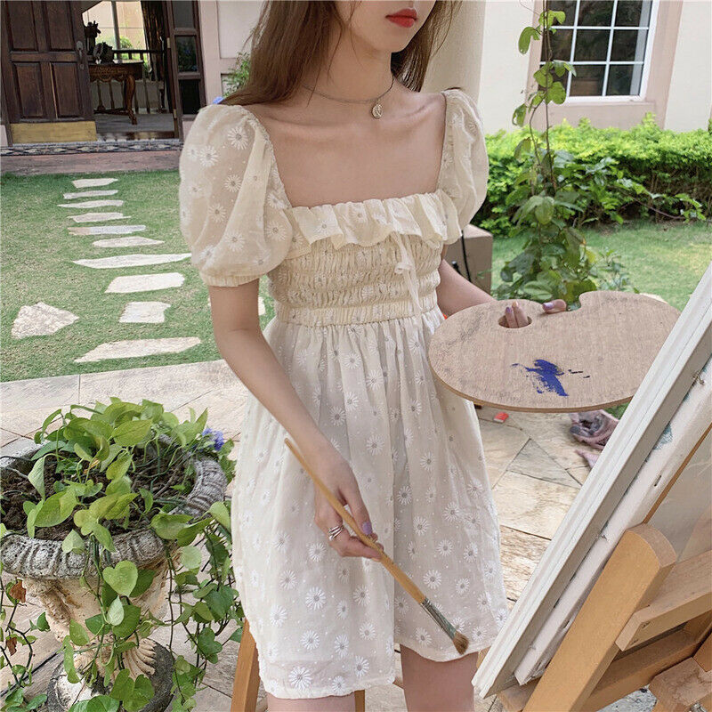 Women Girl Daisy Floral Dress Ruffle Short Puff Sleeve Mini Square Collar Sweet